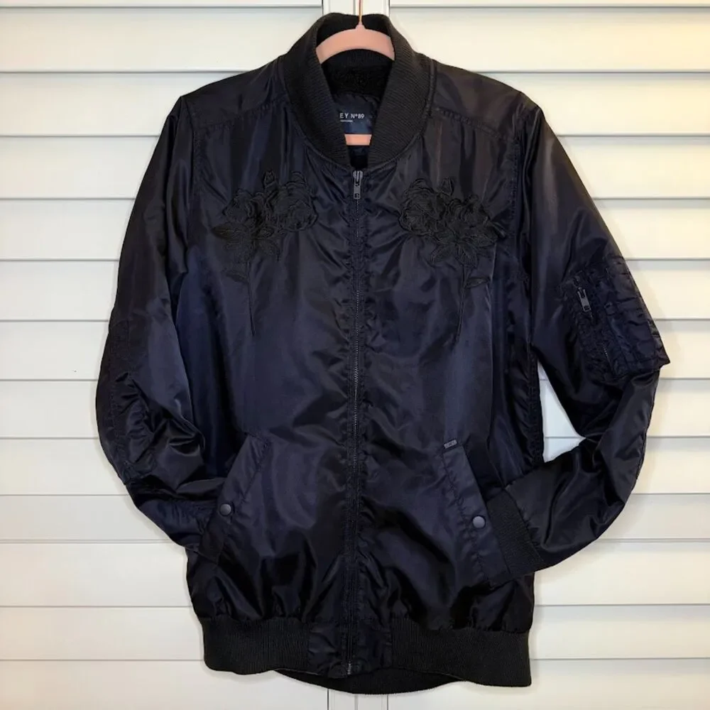 Obey Rose Embroidery Fleece-Lined Longline Black Bomber Jacket size M - Picture 2 of 12